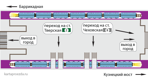 Схема зала и пересадки на станции "Тверская" и "Чеховская" 