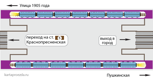 Схема зала и пересадки на станцию "Краснопресненская"